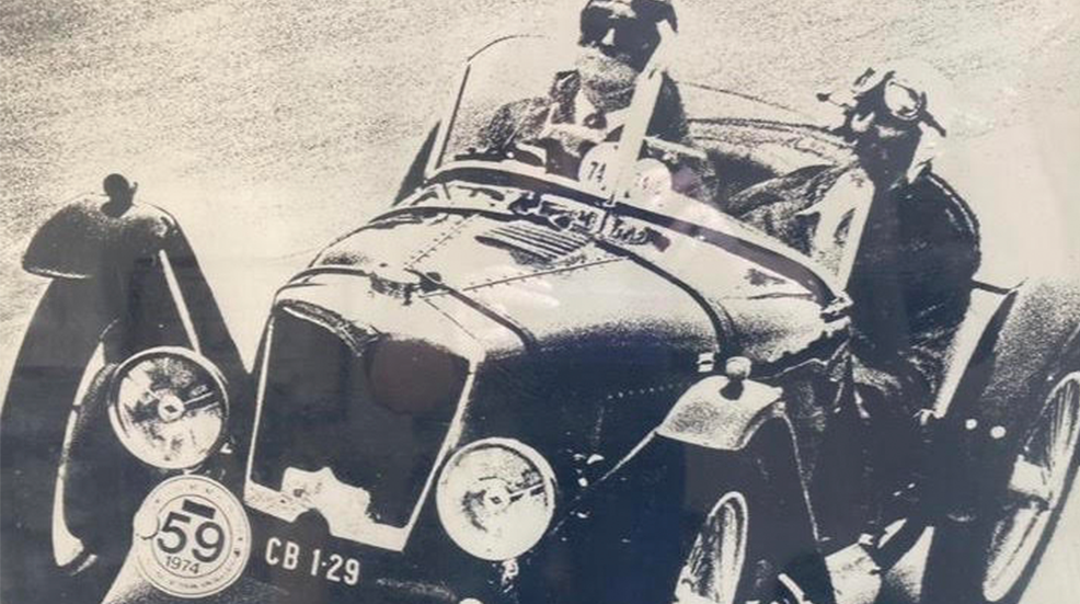 A scan of an old photograph of the Brooklands Riley 9, driven by Mike Cavanagh, who founded Cotswold Motoring and Toy Museum